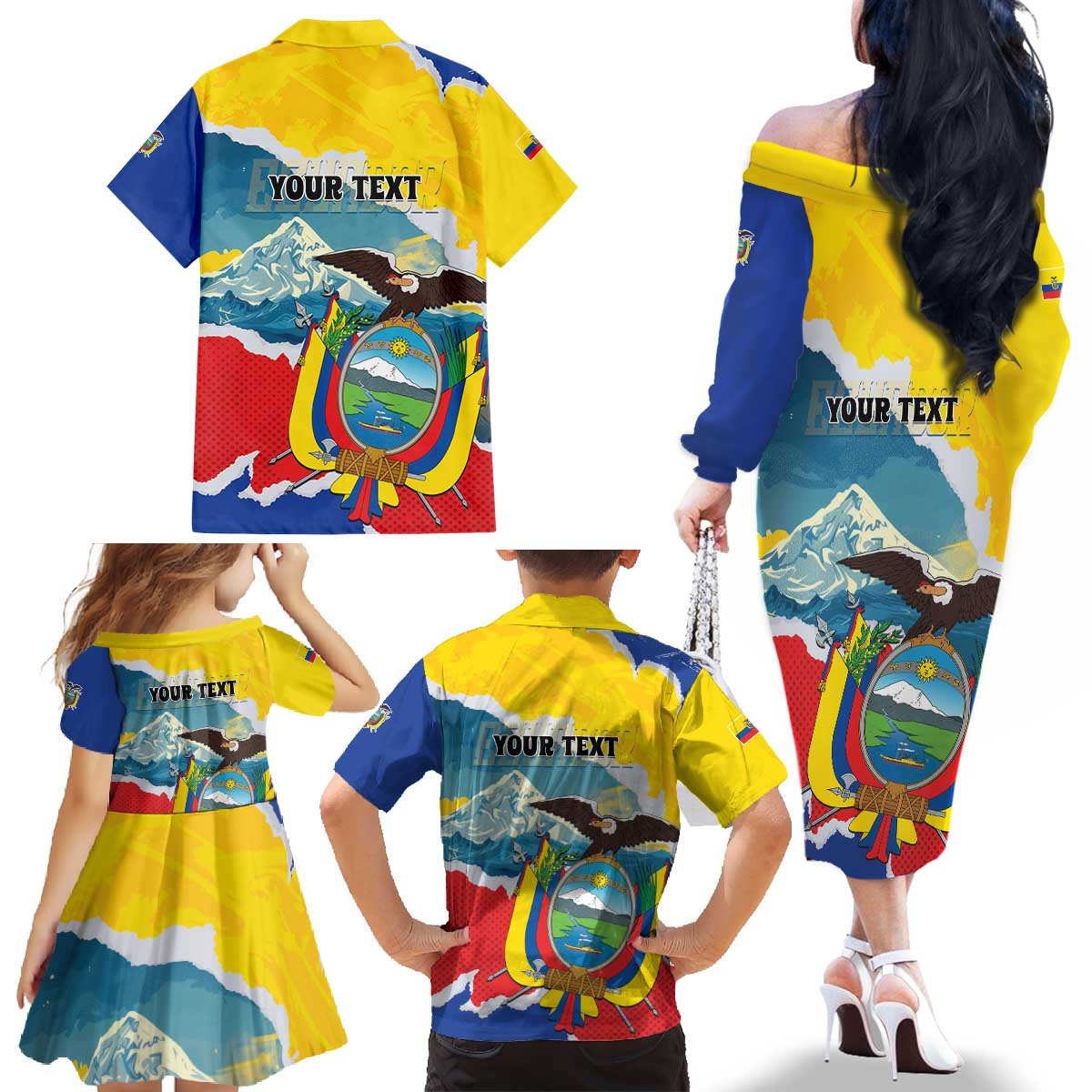 Personalized Ecuador Chimborazo Mountain Family Matching Off The Shoulder Long Sleeve Dress and Hawaiian Shirt La Sultana de Los Andes