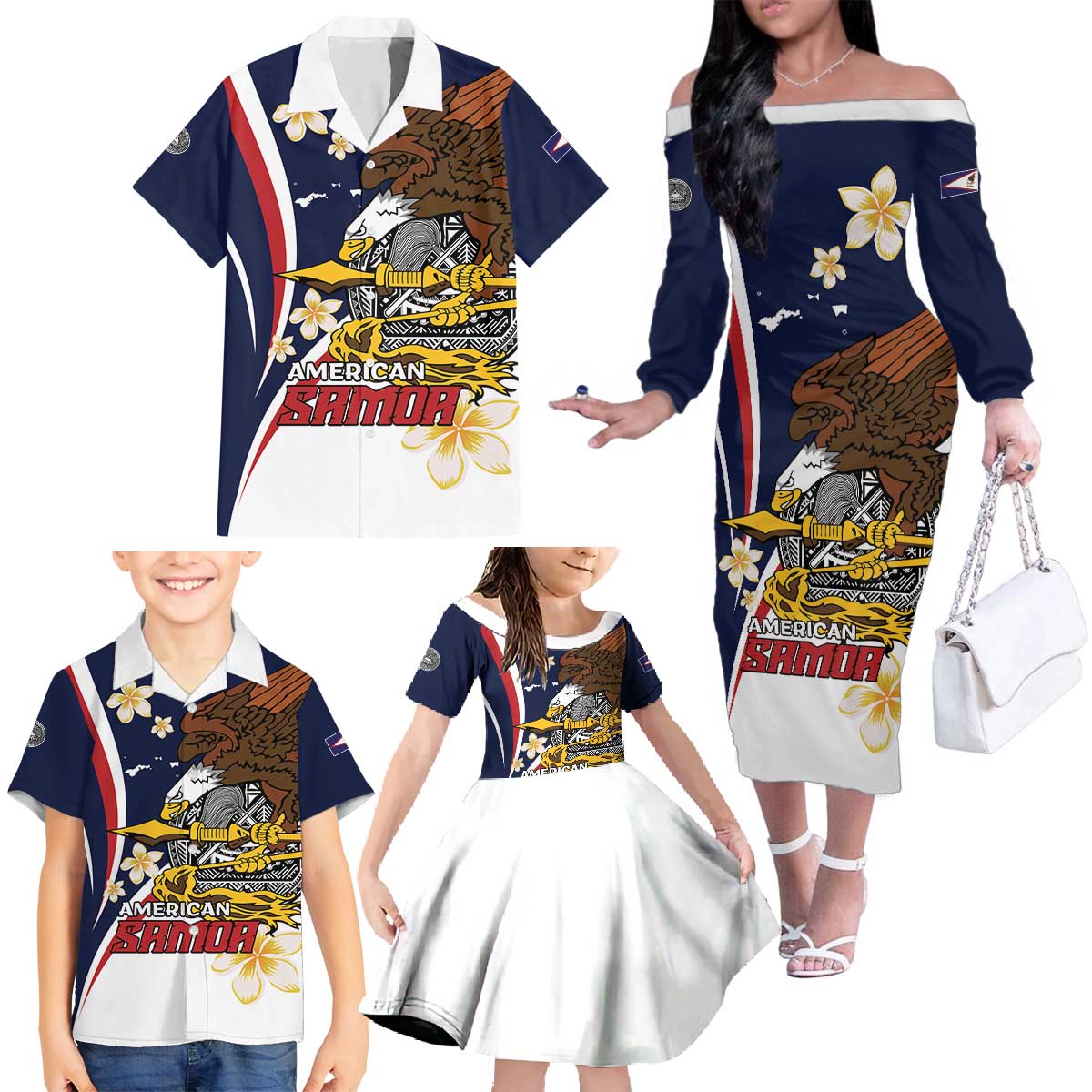Personalized American Samoa Family Matching Off The Shoulder Long Sleeve Dress and Hawaiian Shirt Amerika Samoa Bald Eagle