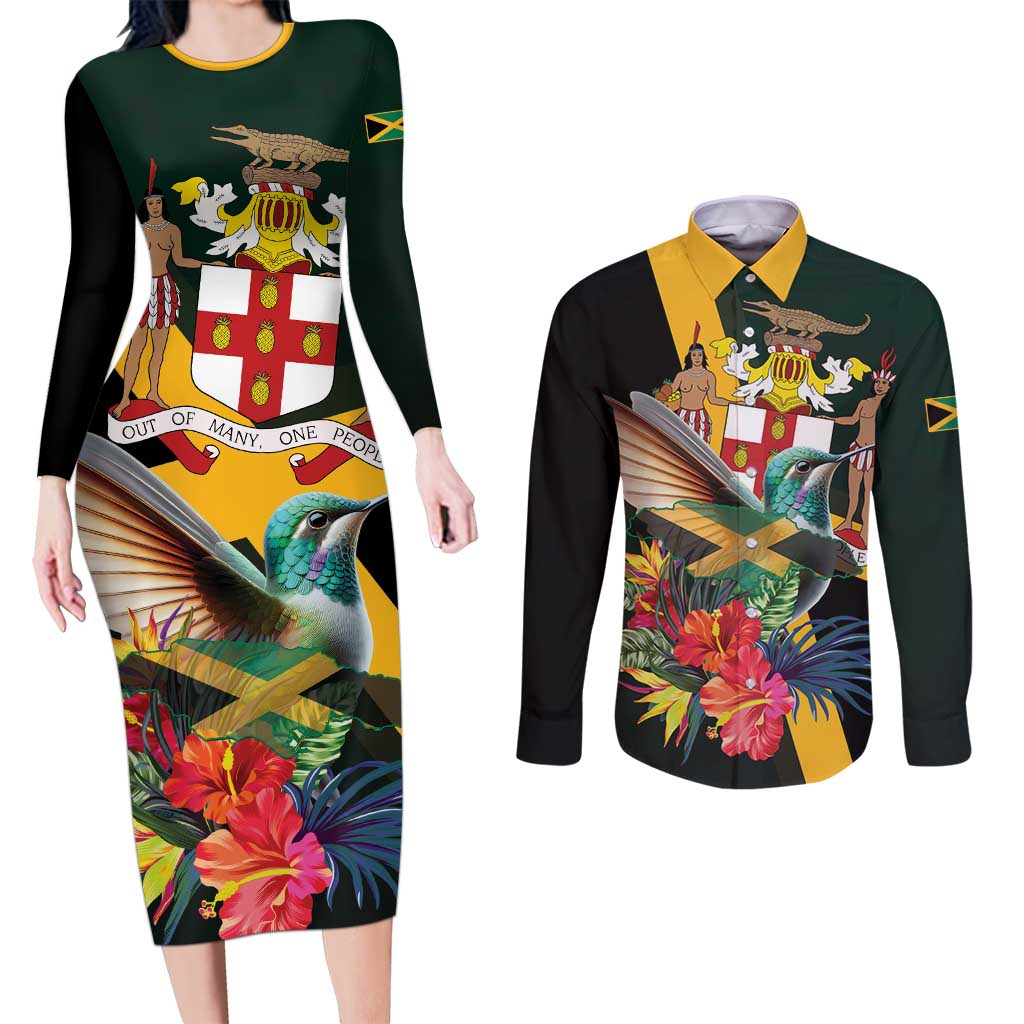 Jamaica Hummingbird Couples Matching Long Sleeve Bodycon Dress and Long Sleeve Button Shirt Jumieka Tropical - Wonder Print Shop