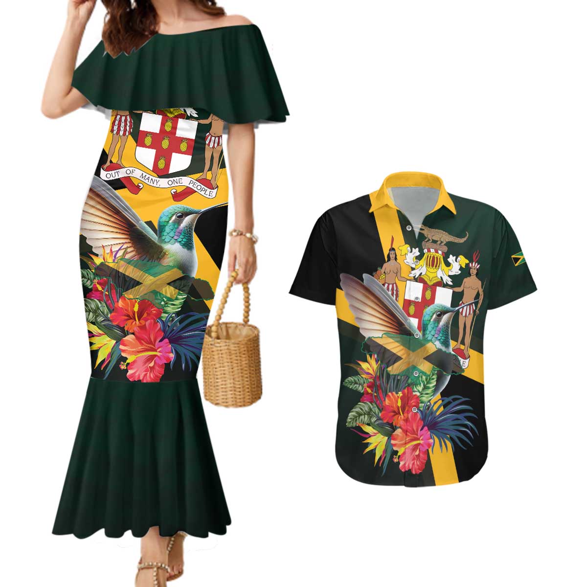Jamaica Hummingbird Couples Matching Mermaid Dress and Hawaiian Shirt Jumieka Tropical - Wonder Print Shop