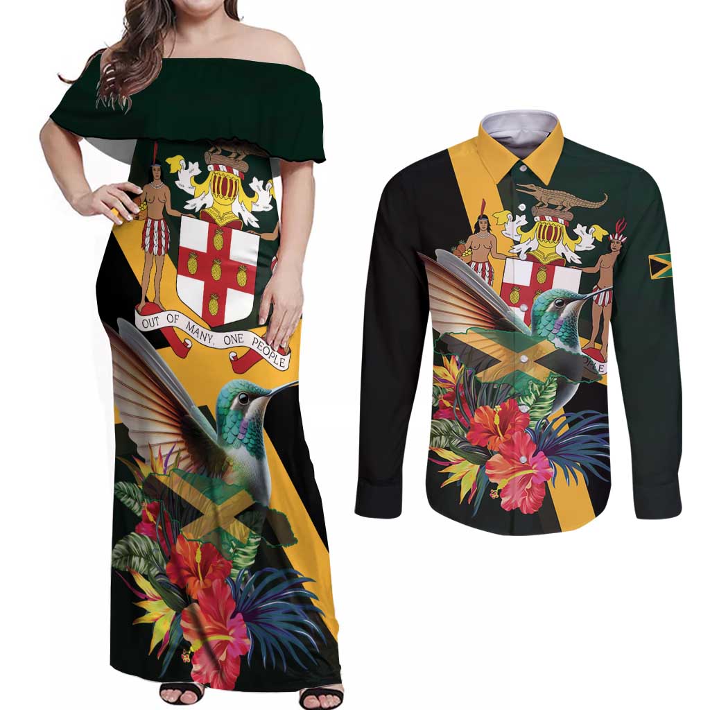 Jamaica Hummingbird Couples Matching Off Shoulder Maxi Dress and Long Sleeve Button Shirt Jumieka Tropical - Wonder Print Shop