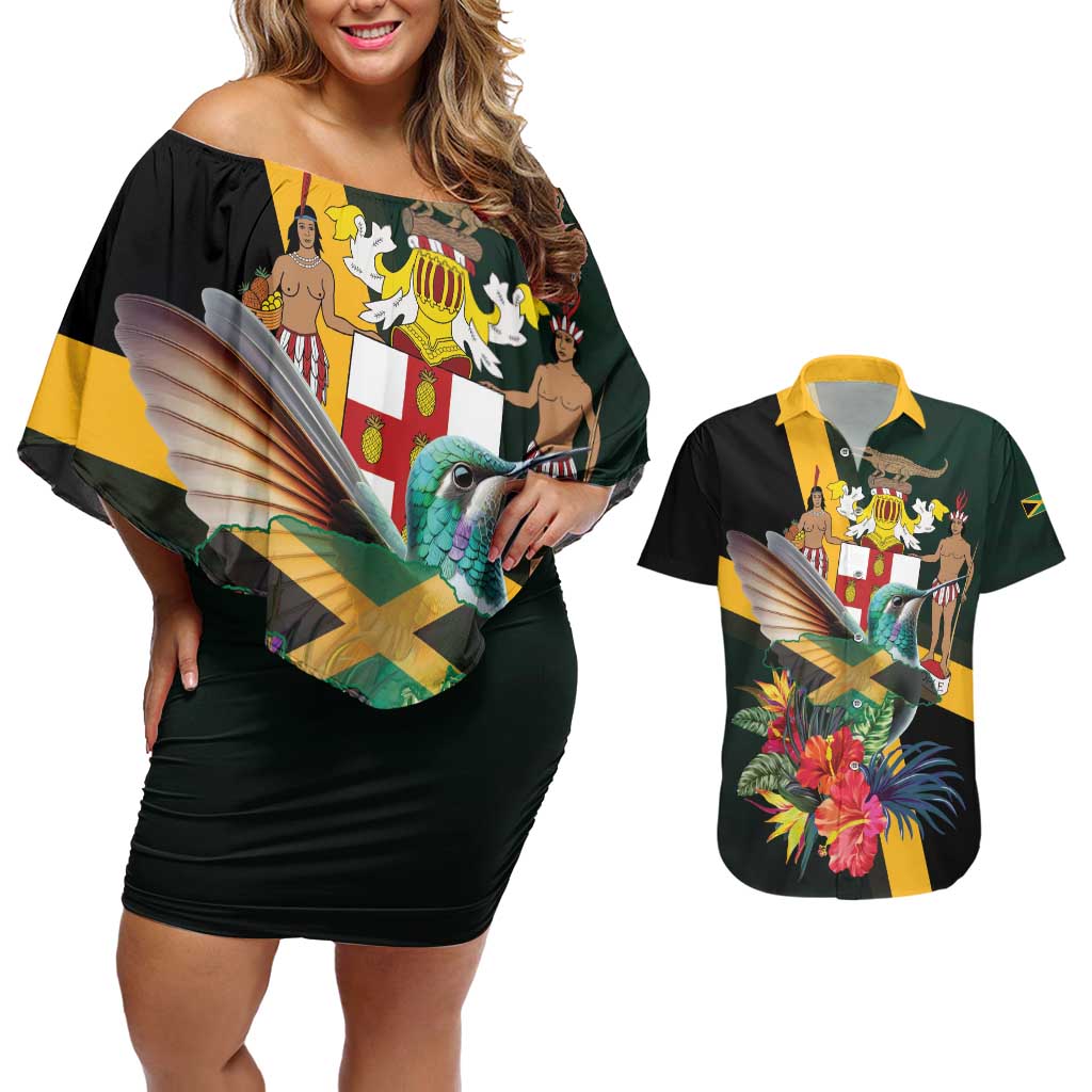 Jamaica Hummingbird Couples Matching Off Shoulder Short Dress and Hawaiian Shirt Jumieka Tropical - Wonder Print Shop