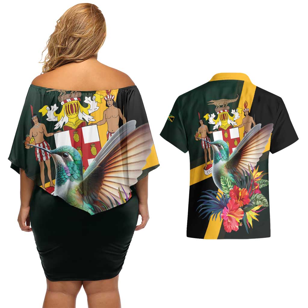 Jamaica Hummingbird Couples Matching Off Shoulder Short Dress and Hawaiian Shirt Jumieka Tropical - Wonder Print Shop