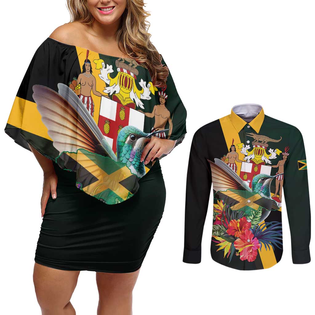 Jamaica Hummingbird Couples Matching Off Shoulder Short Dress and Long Sleeve Button Shirt Jumieka Tropical - Wonder Print Shop
