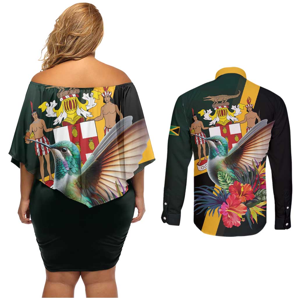 Jamaica Hummingbird Couples Matching Off Shoulder Short Dress and Long Sleeve Button Shirt Jumieka Tropical - Wonder Print Shop