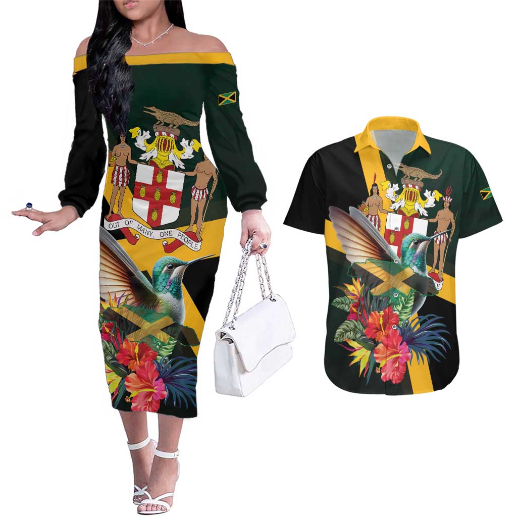 Jamaica Hummingbird Couples Matching Off The Shoulder Long Sleeve Dress and Hawaiian Shirt Jumieka Tropical - Wonder Print Shop