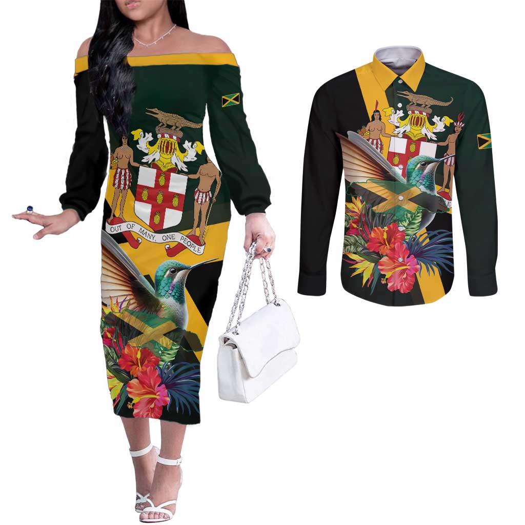 Jamaica Hummingbird Couples Matching Off The Shoulder Long Sleeve Dress and Long Sleeve Button Shirt Jumieka Tropical - Wonder Print Shop