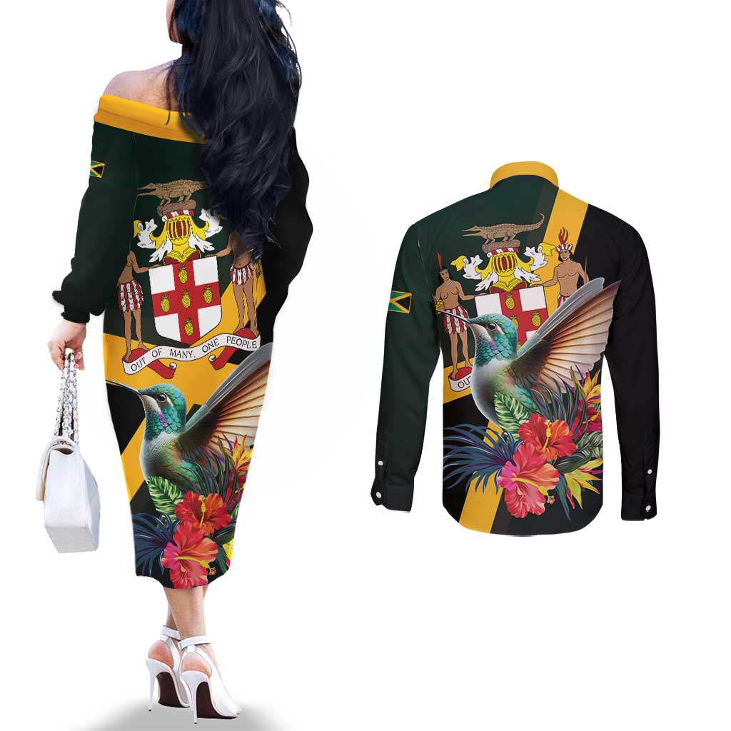 Jamaica Hummingbird Couples Matching Off The Shoulder Long Sleeve Dress and Long Sleeve Button Shirt Jumieka Tropical - Wonder Print Shop