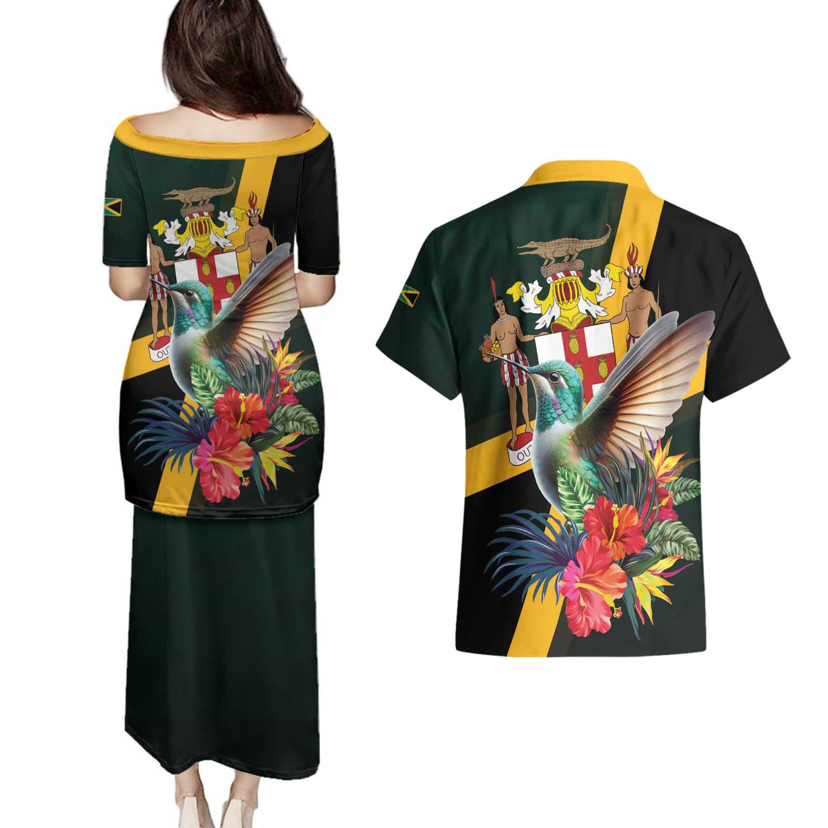 Jamaica Hummingbird Couples Matching Puletasi and Hawaiian Shirt Jumieka Tropical - Wonder Print Shop