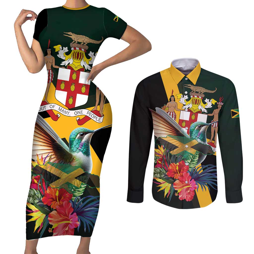 Jamaica Hummingbird Couples Matching Short Sleeve Bodycon Dress and Long Sleeve Button Shirt Jumieka Tropical - Wonder Print Shop