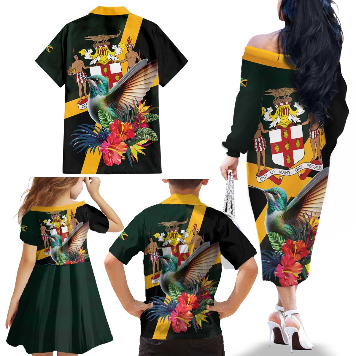 Jamaica Hummingbird Family Matching Off The Shoulder Long Sleeve Dress and Hawaiian Shirt Jumieka Tropical - Wonder Print Shop