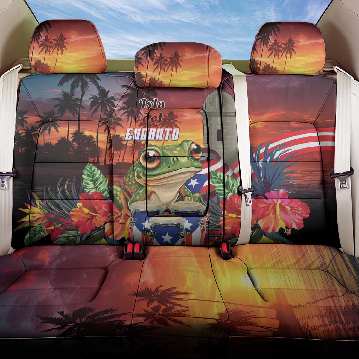 Puerto Rico Coqui Frog Sunset Back Car Seat Cover Isla Del Encanto Tropical Vibe - Wonder Print Shop