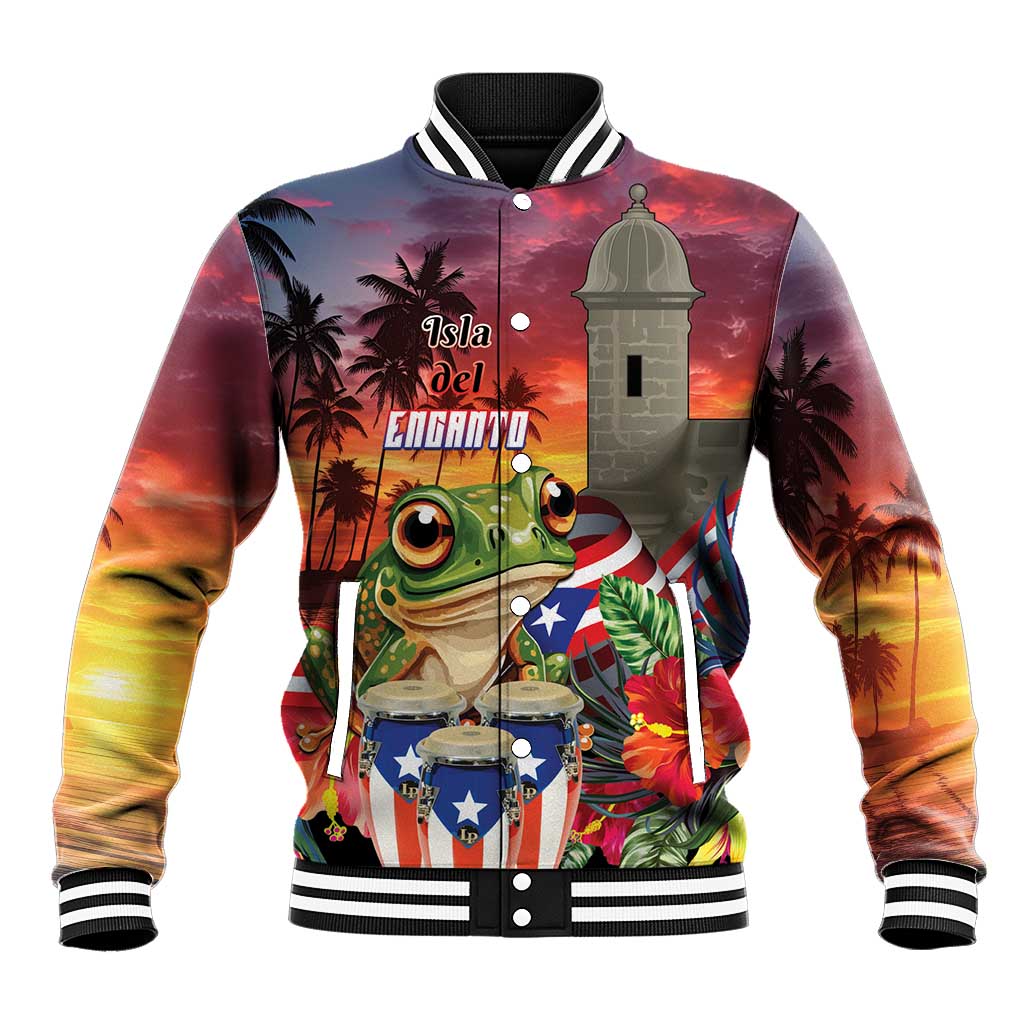 Puerto Rico Coqui Frog Sunset Baseball Jacket Isla Del Encanto Tropical Vibe - Wonder Print Shop