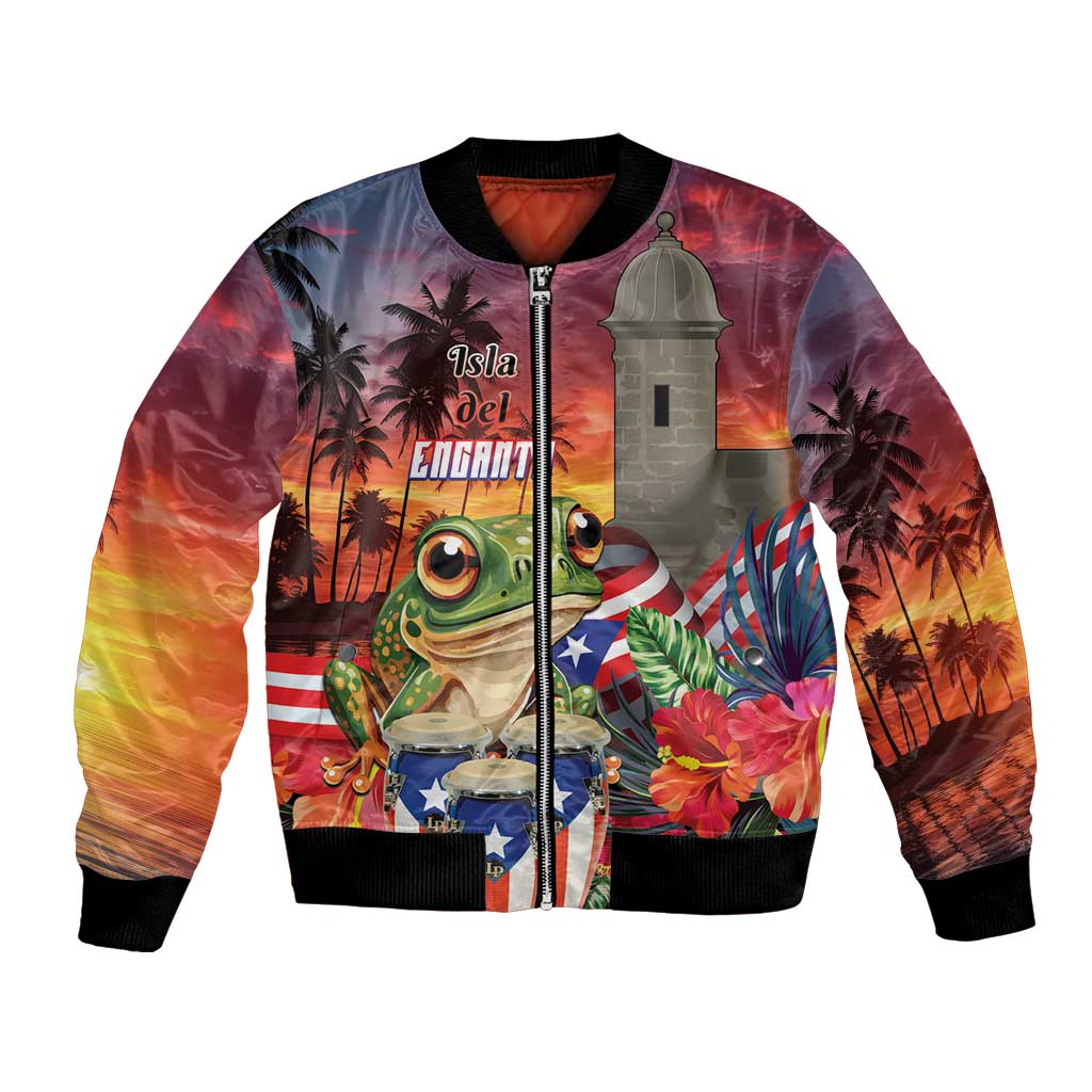 Puerto Rico Coqui Frog Sunset Bomber Jacket Isla Del Encanto Tropical Vibe - Wonder Print Shop