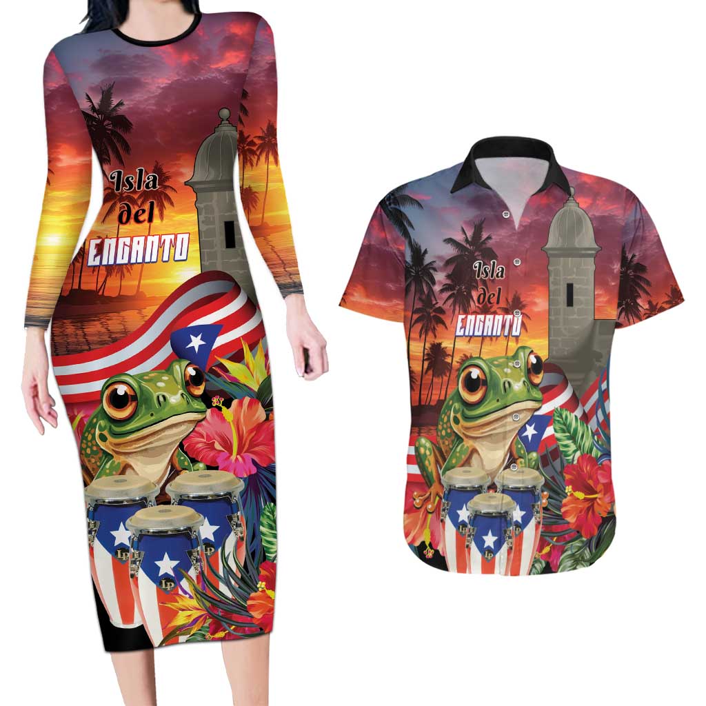Puerto Rico Coqui Frog Sunset Couples Matching Long Sleeve Bodycon Dress and Hawaiian Shirt Isla Del Encanto Tropical Vibe - Wonder Print Shop