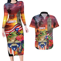 Puerto Rico Coqui Frog Sunset Couples Matching Long Sleeve Bodycon Dress and Hawaiian Shirt Isla Del Encanto Tropical Vibe - Wonder Print Shop