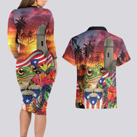 Puerto Rico Coqui Frog Sunset Couples Matching Long Sleeve Bodycon Dress and Hawaiian Shirt Isla Del Encanto Tropical Vibe - Wonder Print Shop