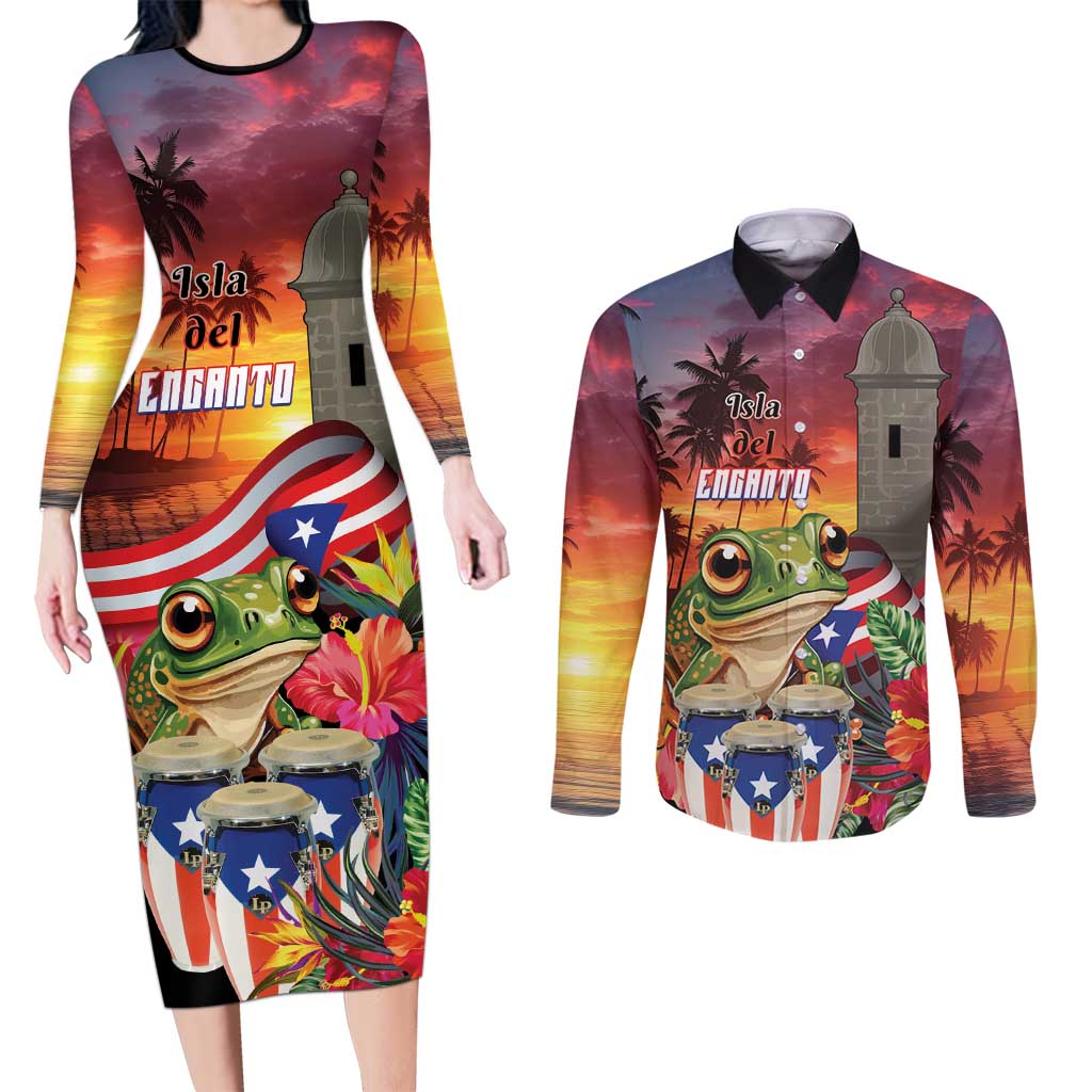 Puerto Rico Coqui Frog Sunset Couples Matching Long Sleeve Bodycon Dress and Long Sleeve Button Shirt Isla Del Encanto Tropical Vibe - Wonder Print Shop