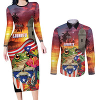 Puerto Rico Coqui Frog Sunset Couples Matching Long Sleeve Bodycon Dress and Long Sleeve Button Shirt Isla Del Encanto Tropical Vibe - Wonder Print Shop