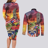 Puerto Rico Coqui Frog Sunset Couples Matching Long Sleeve Bodycon Dress and Long Sleeve Button Shirt Isla Del Encanto Tropical Vibe - Wonder Print Shop