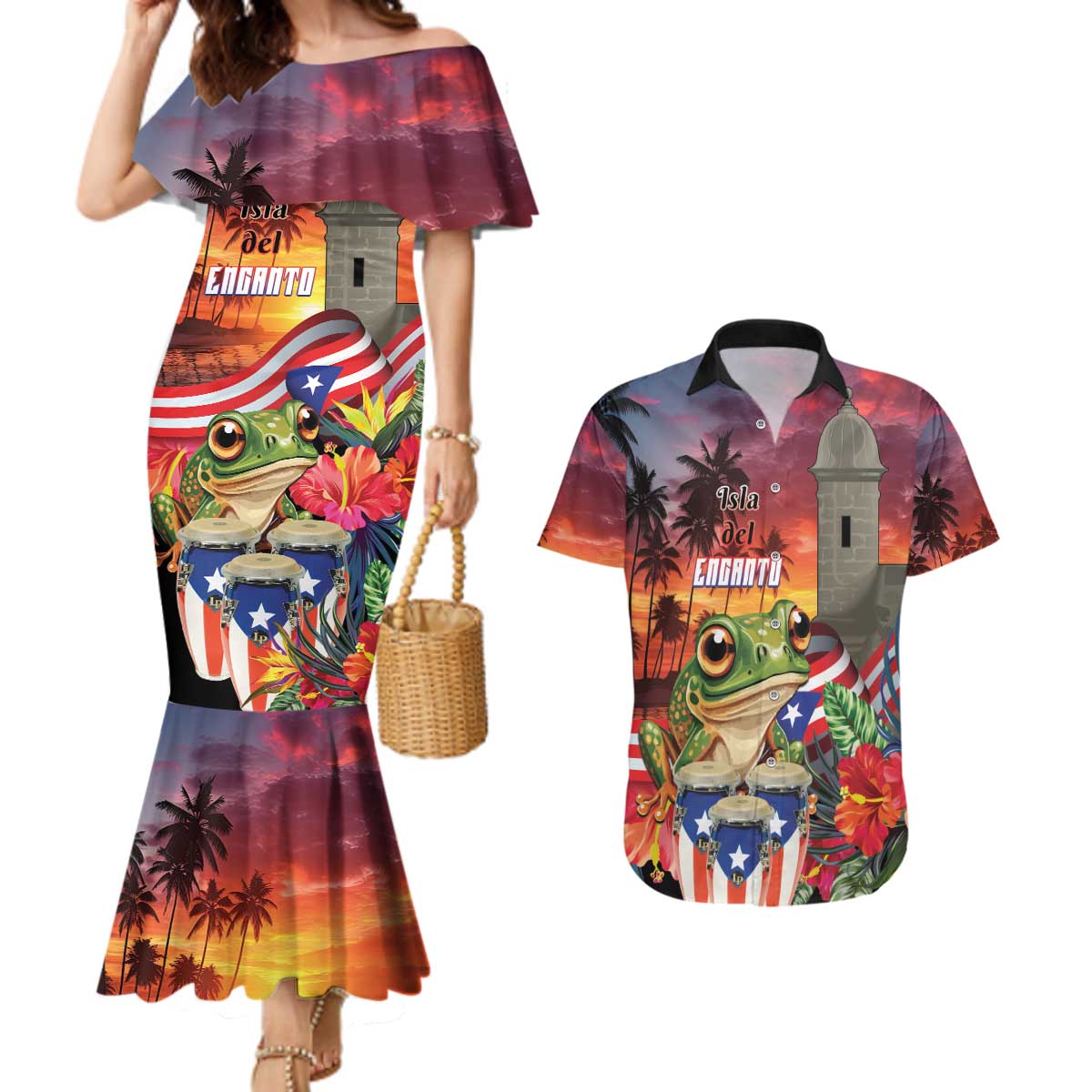 Puerto Rico Coqui Frog Sunset Couples Matching Mermaid Dress and Hawaiian Shirt Isla Del Encanto Tropical Vibe - Wonder Print Shop