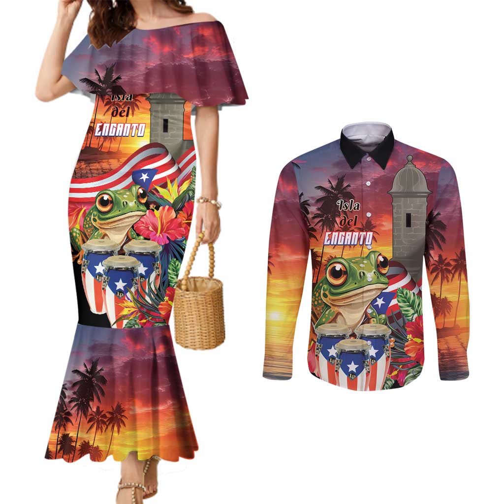 Puerto Rico Coqui Frog Sunset Couples Matching Mermaid Dress and Long Sleeve Button Shirt Isla Del Encanto Tropical Vibe - Wonder Print Shop