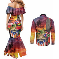 Puerto Rico Coqui Frog Sunset Couples Matching Mermaid Dress and Long Sleeve Button Shirt Isla Del Encanto Tropical Vibe - Wonder Print Shop