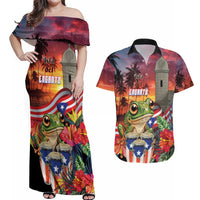 Puerto Rico Coqui Frog Sunset Couples Matching Off Shoulder Maxi Dress and Hawaiian Shirt Isla Del Encanto Tropical Vibe - Wonder Print Shop