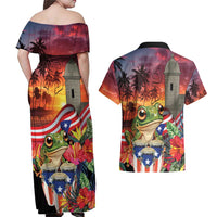 Puerto Rico Coqui Frog Sunset Couples Matching Off Shoulder Maxi Dress and Hawaiian Shirt Isla Del Encanto Tropical Vibe - Wonder Print Shop