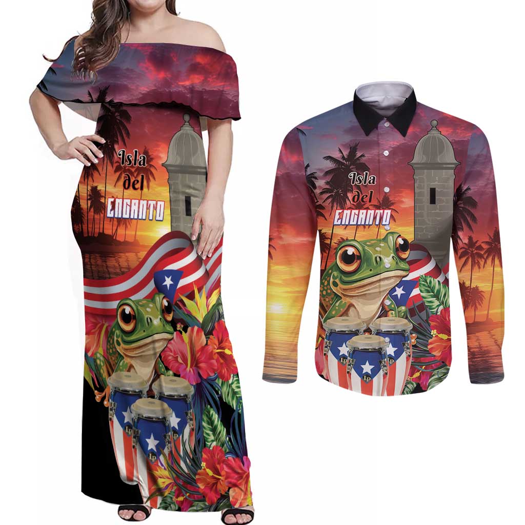 Puerto Rico Coqui Frog Sunset Couples Matching Off Shoulder Maxi Dress and Long Sleeve Button Shirt Isla Del Encanto Tropical Vibe - Wonder Print Shop