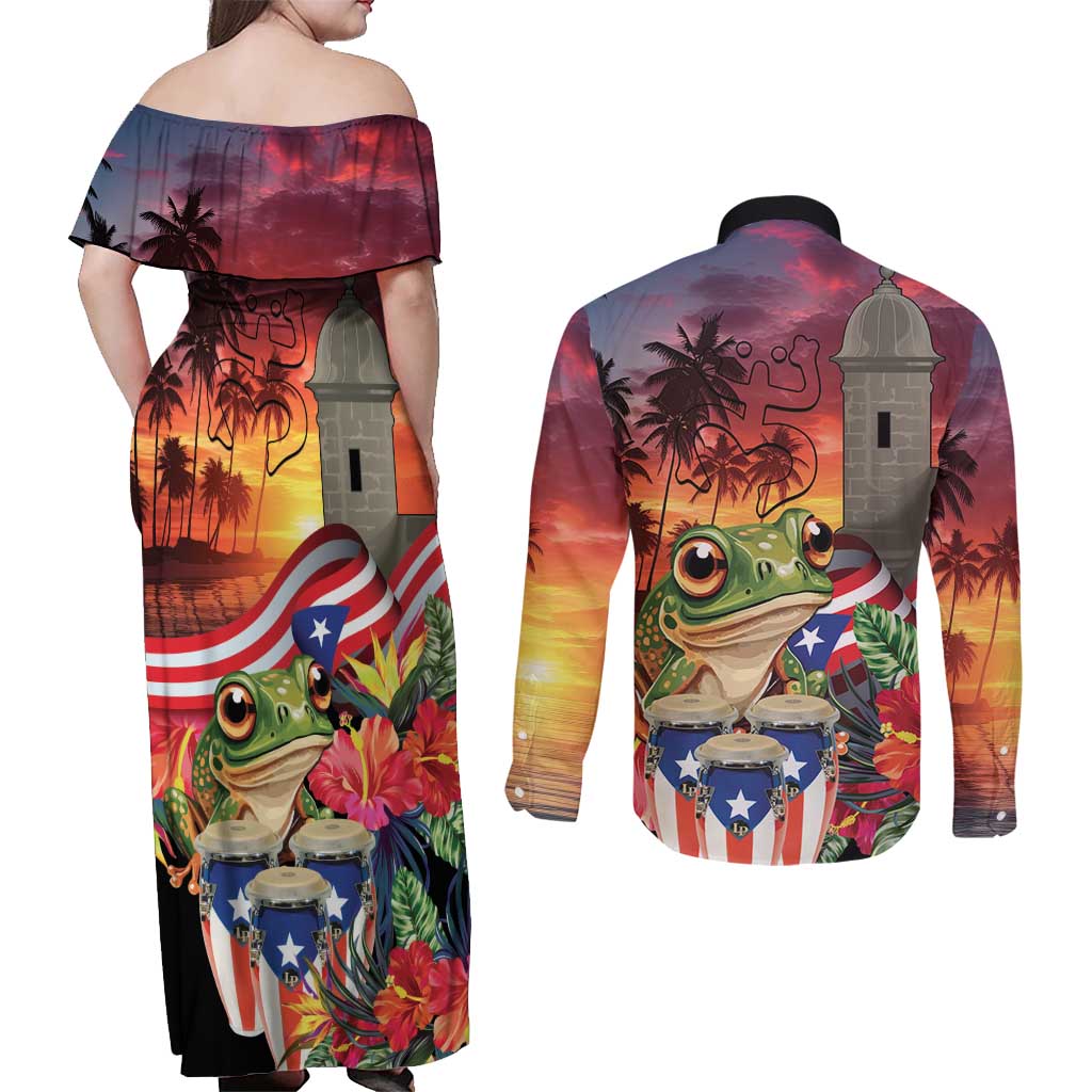 Puerto Rico Coqui Frog Sunset Couples Matching Off Shoulder Maxi Dress and Long Sleeve Button Shirt Isla Del Encanto Tropical Vibe - Wonder Print Shop