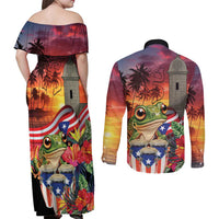 Puerto Rico Coqui Frog Sunset Couples Matching Off Shoulder Maxi Dress and Long Sleeve Button Shirt Isla Del Encanto Tropical Vibe - Wonder Print Shop