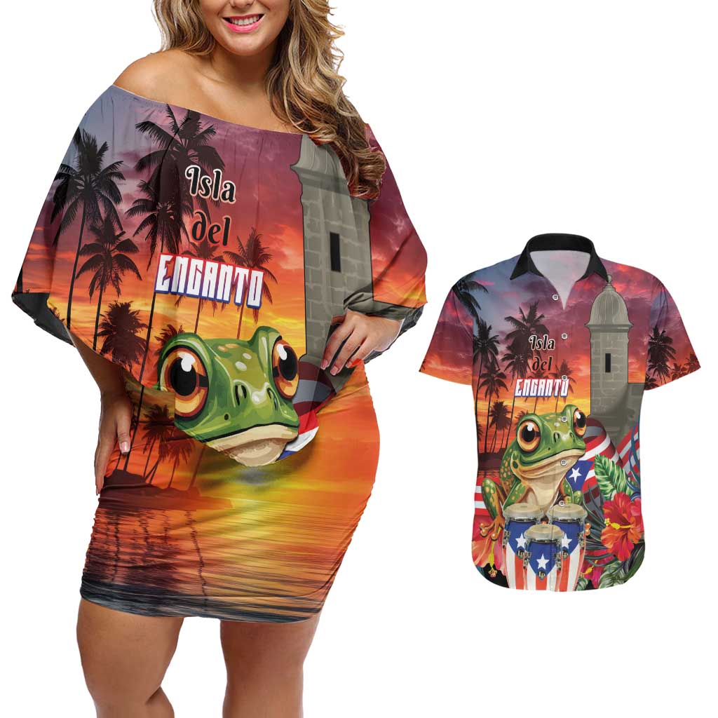 Puerto Rico Coqui Frog Sunset Couples Matching Off Shoulder Short Dress and Hawaiian Shirt Isla Del Encanto Tropical Vibe - Wonder Print Shop