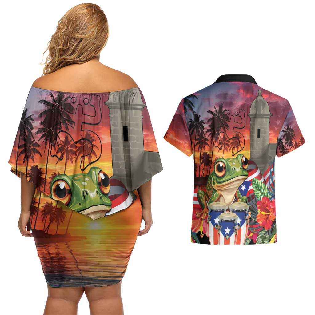 Puerto Rico Coqui Frog Sunset Couples Matching Off Shoulder Short Dress and Hawaiian Shirt Isla Del Encanto Tropical Vibe - Wonder Print Shop