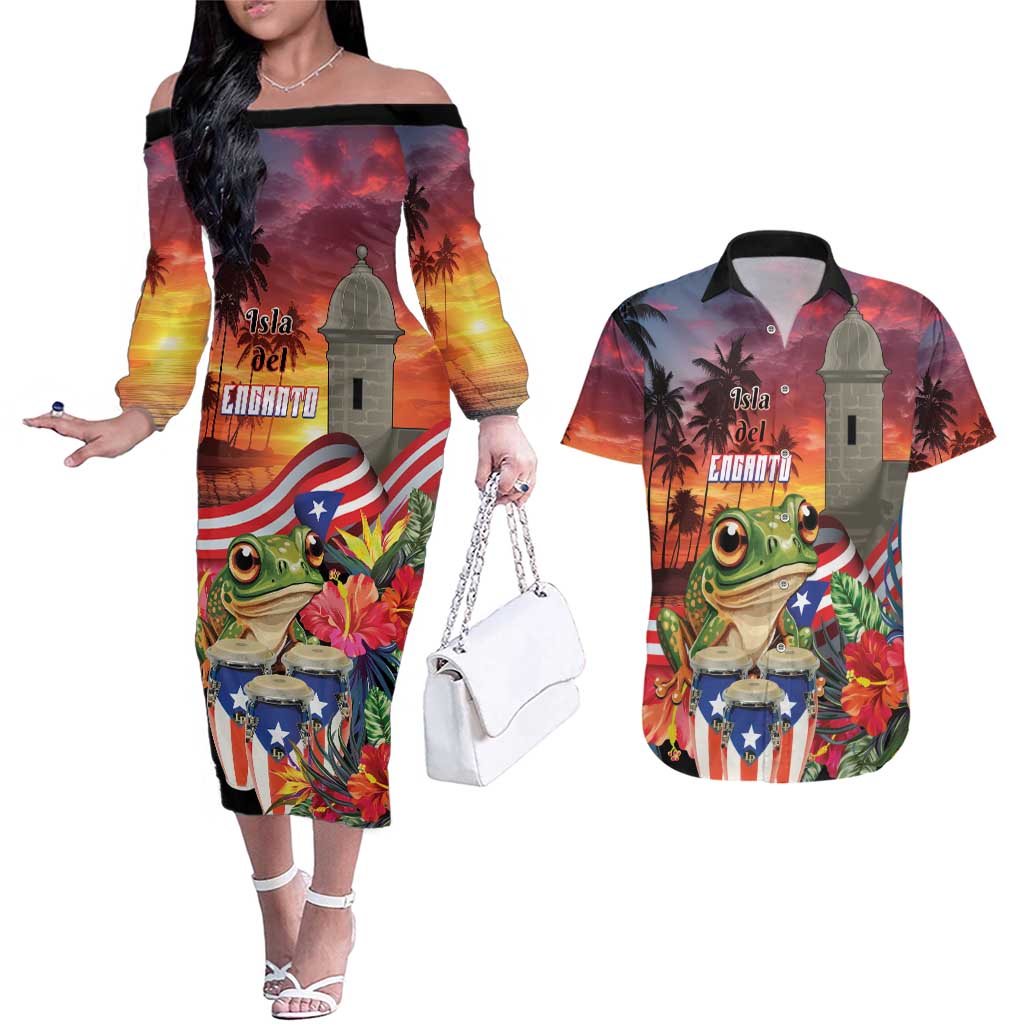 Puerto Rico Coqui Frog Sunset Couples Matching Off The Shoulder Long Sleeve Dress and Hawaiian Shirt Isla Del Encanto Tropical Vibe - Wonder Print Shop