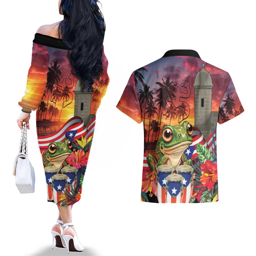 Puerto Rico Coqui Frog Sunset Couples Matching Off The Shoulder Long Sleeve Dress and Hawaiian Shirt Isla Del Encanto Tropical Vibe - Wonder Print Shop