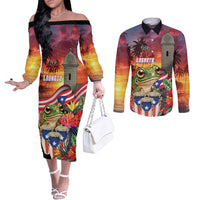 Puerto Rico Coqui Frog Sunset Couples Matching Off The Shoulder Long Sleeve Dress and Long Sleeve Button Shirt Isla Del Encanto Tropical Vibe - Wonder Print Shop