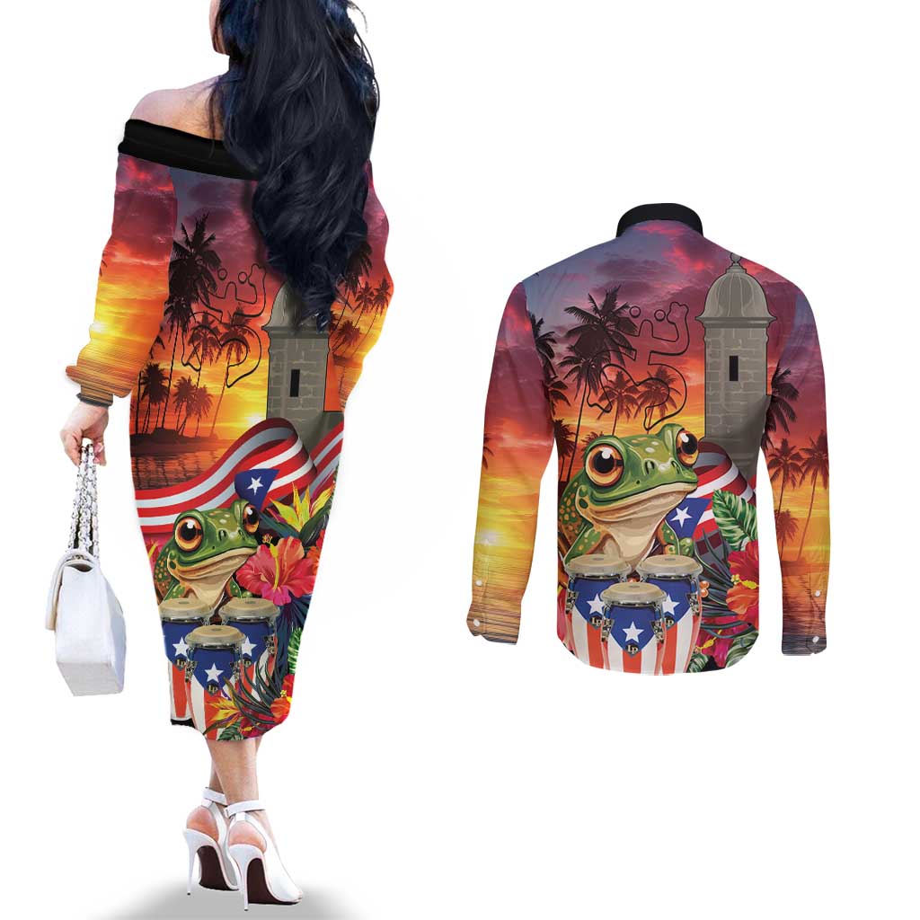 Puerto Rico Coqui Frog Sunset Couples Matching Off The Shoulder Long Sleeve Dress and Long Sleeve Button Shirt Isla Del Encanto Tropical Vibe - Wonder Print Shop