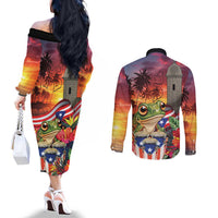 Puerto Rico Coqui Frog Sunset Couples Matching Off The Shoulder Long Sleeve Dress and Long Sleeve Button Shirt Isla Del Encanto Tropical Vibe - Wonder Print Shop