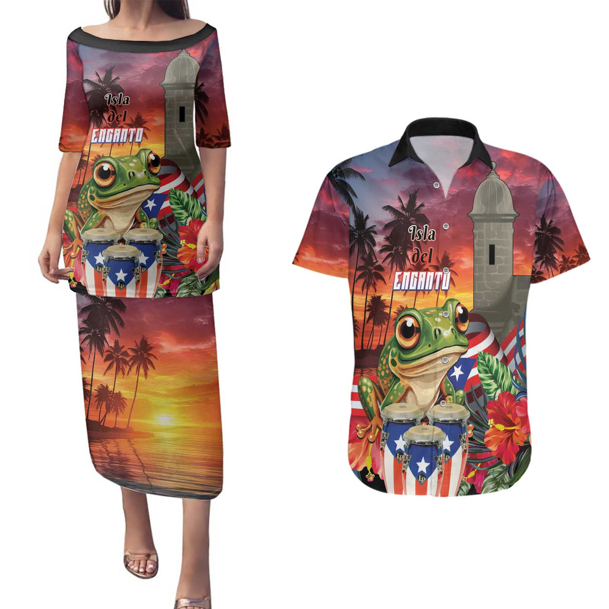Puerto Rico Coqui Frog Sunset Couples Matching Puletasi and Hawaiian Shirt Isla Del Encanto Tropical Vibe - Wonder Print Shop