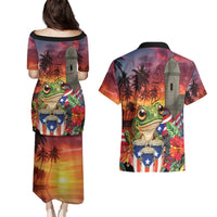 Puerto Rico Coqui Frog Sunset Couples Matching Puletasi and Hawaiian Shirt Isla Del Encanto Tropical Vibe - Wonder Print Shop