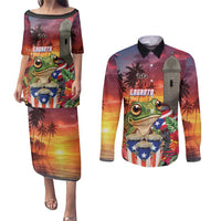 Puerto Rico Coqui Frog Sunset Couples Matching Puletasi and Long Sleeve Button Shirt Isla Del Encanto Tropical Vibe - Wonder Print Shop