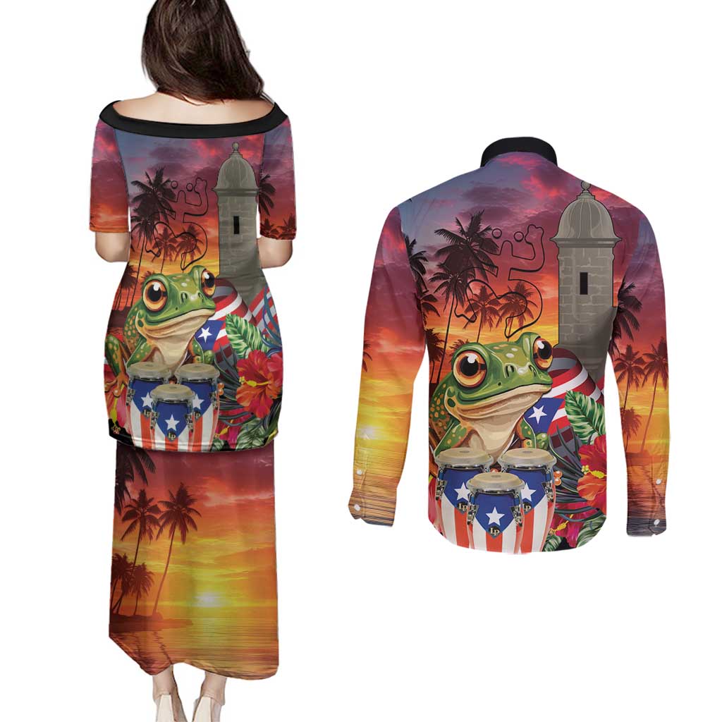 Puerto Rico Coqui Frog Sunset Couples Matching Puletasi and Long Sleeve Button Shirt Isla Del Encanto Tropical Vibe - Wonder Print Shop