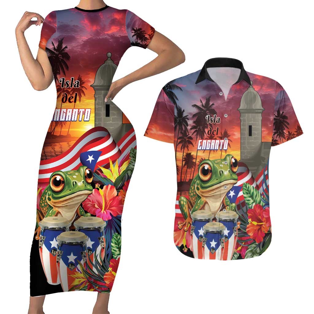 Puerto Rico Coqui Frog Sunset Couples Matching Short Sleeve Bodycon Dress and Hawaiian Shirt Isla Del Encanto Tropical Vibe - Wonder Print Shop