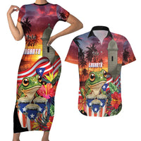 Puerto Rico Coqui Frog Sunset Couples Matching Short Sleeve Bodycon Dress and Hawaiian Shirt Isla Del Encanto Tropical Vibe - Wonder Print Shop