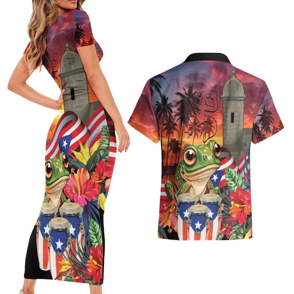 Puerto Rico Coqui Frog Sunset Couples Matching Short Sleeve Bodycon Dress and Hawaiian Shirt Isla Del Encanto Tropical Vibe - Wonder Print Shop
