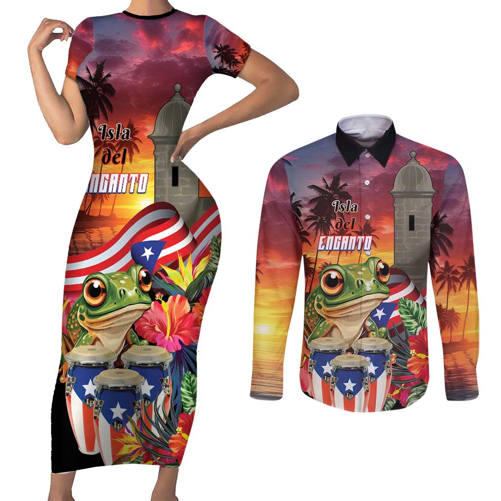 Puerto Rico Coqui Frog Sunset Couples Matching Short Sleeve Bodycon Dress and Long Sleeve Button Shirt Isla Del Encanto Tropical Vibe - Wonder Print Shop