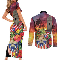 Puerto Rico Coqui Frog Sunset Couples Matching Short Sleeve Bodycon Dress and Long Sleeve Button Shirt Isla Del Encanto Tropical Vibe - Wonder Print Shop