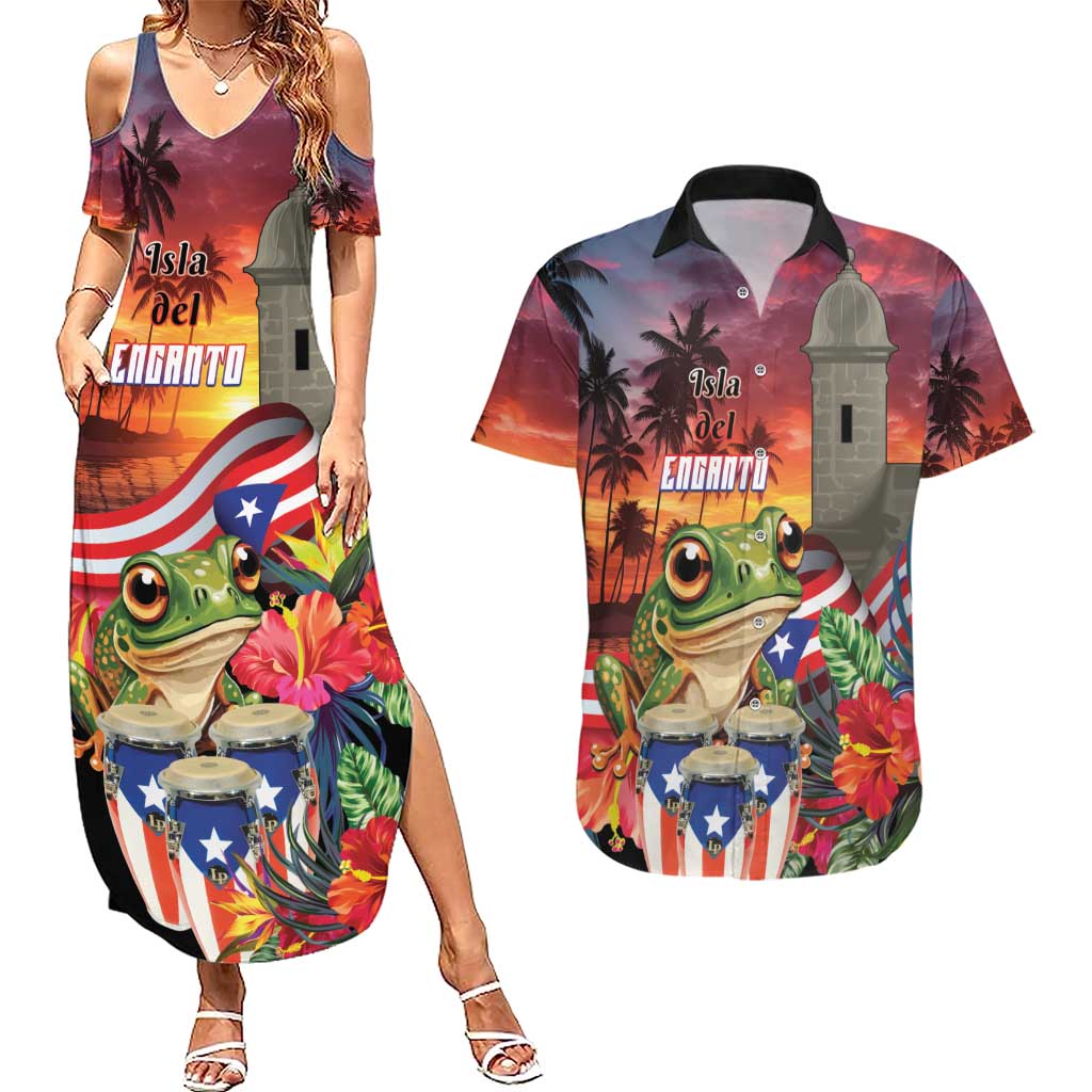 Puerto Rico Coqui Frog Sunset Couples Matching Summer Maxi Dress and Hawaiian Shirt Isla Del Encanto Tropical Vibe - Wonder Print Shop