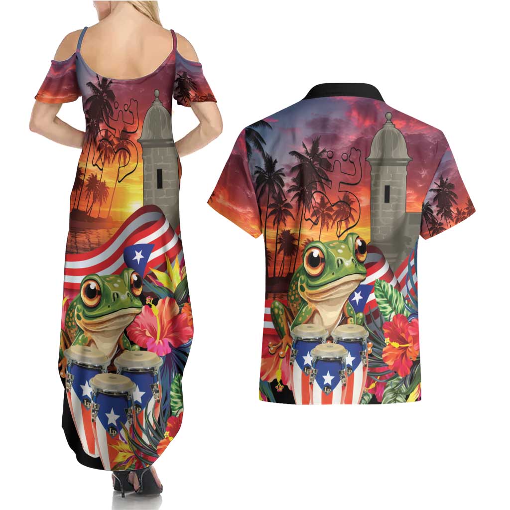 Puerto Rico Coqui Frog Sunset Couples Matching Summer Maxi Dress and Hawaiian Shirt Isla Del Encanto Tropical Vibe - Wonder Print Shop